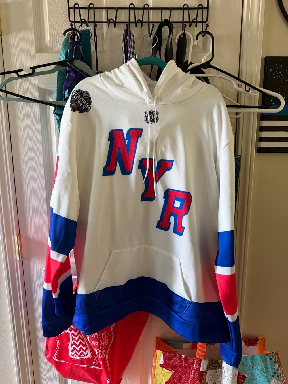 NHL White Zip-Up Hoodie with Blue & Red NYR Logo